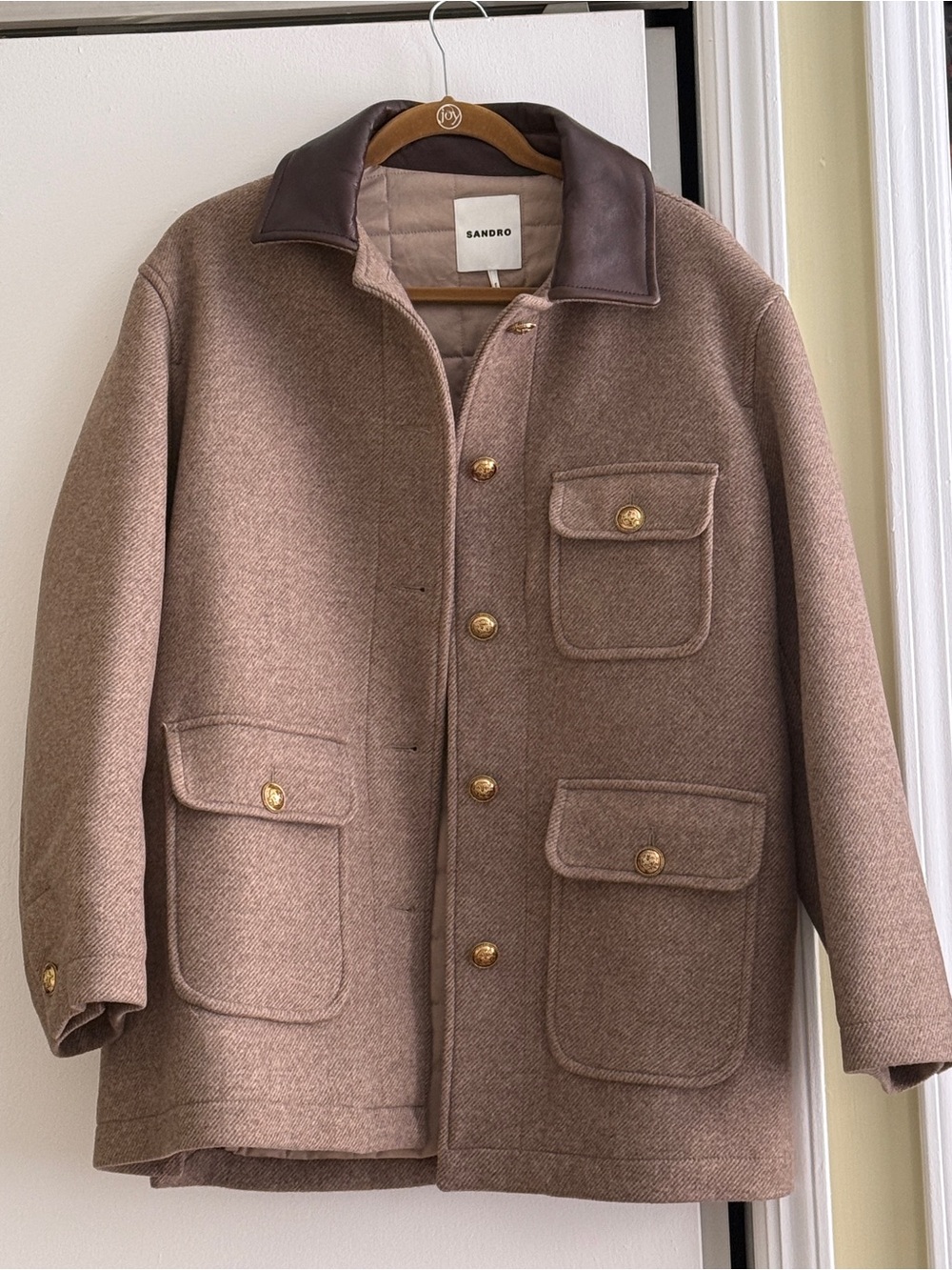 Sandro Tan Wool Jacket with Dark Brown Leather Collar - Picture 3 of 8